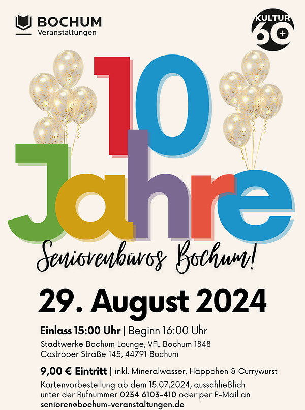 Poster für: 10 Jahre Seniorenbüros Bochum Kultur 60+ in der STADTWERKE BOCHUM LOUNGE