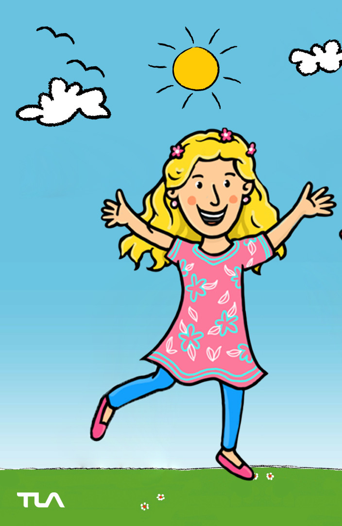 Simone Sommerland als Cartoon-Figur läuft über eine Blumenwiese.