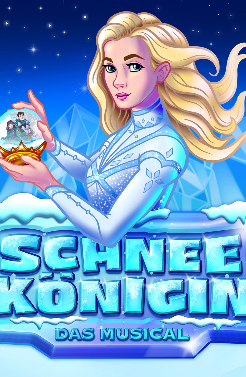 Veranstaltungsplakat mit Schneekönigin, Schrift und Eis im Hintergrund